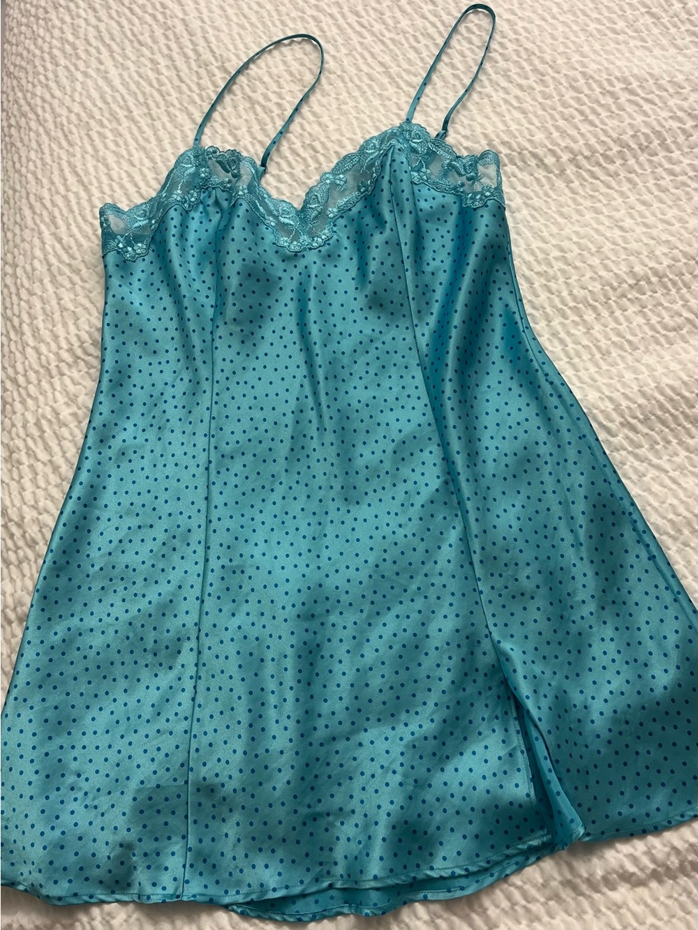 Victoria's Secret Teal Satin Polka Dot Slip with Lace Trim